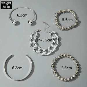 Detail showing 5-piece silver layered bracelet set with chain and cuff bangle dimensions