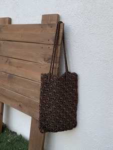 Handmade dark brown crochet tote bag with elegant fan-stitch pattern and slim shoulder straps