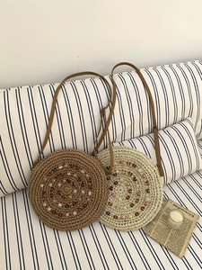 Round Straw Crossbody Bag Handmade Woven Paper Beach Vacation Bohemian Style With Colored Beaded Spiral For Women