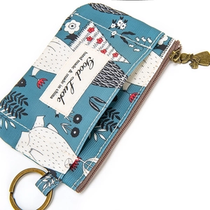 Porte-monnaie en tissu bleu à chat cartoon avec fermeture éclair et anneau clé