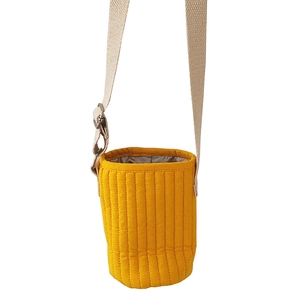 Yellow quilted water bottle bag with adjustable strap and durable padded cotton fabric