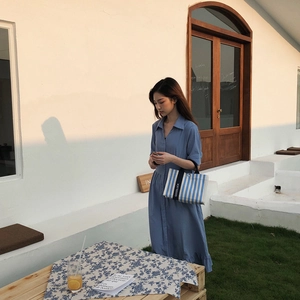Sac fourre-tout en toile à rayures bleues et blanches avec sangle GOODLUCK au coucher du soleil