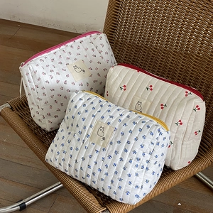 Quilted Cotton Cosmetic Bag Floral Cherry Print Makeup Pouch With Alpaca Patch Zipper Closure Portable Toiletry Organizer For Women