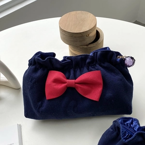 Bow Cosmetic Bag Knitted Cotton Waffle Texture Pleated Makeup Pouch Heart Rabbit Pattern Travel Storage Organizer For Women