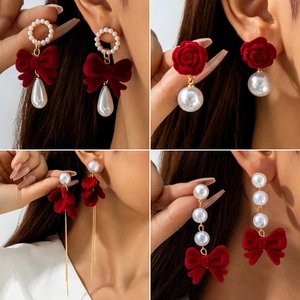 Red Velvet Flower Bow Earrings With Faux Artificial Pearl Vintage Drop Stud Elegant Romantic Floral Jewelry For Women