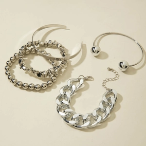 5-piece silver beaded bracelet set featuring thick aluminum chain and open cuff jewelry