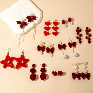 Red velvet bow and flower earrings collection with pearls for Valentine's Day