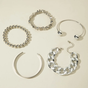 Five-piece silver beaded bracelet set featuring chunky aluminum chains and open bangles