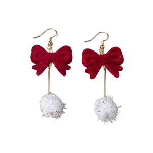 Red velvet bow earrings with white pom-poms and gold hooks for Christmas fashion