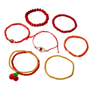Bohemian set of 7 red beaded bracelets with cherry charms and evil eye accents
