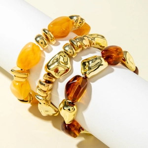 Vintage 3-piece chunky beaded bracelet set with irregular gold beads and amber resin