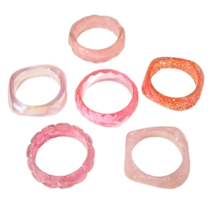 Set of 6 pink and orange resin rings with glitter and marble texture for women