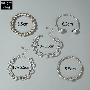 Detailed view of 5-piece silver chunky chain and beaded bracelet set with measurements