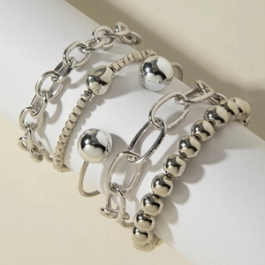 4-piece silver chain and beaded bracelet set with chunky punk geometric links and charms