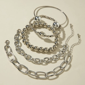 Silver beaded and chunky chain bracelet set for women with adjustable lobster clasp