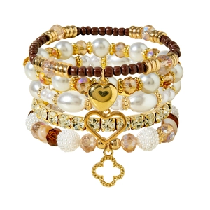 Bohemian Künstliche Perlenarmband Kunstperle Glas Kristall Legierung Strass Herz Kleeblatt Anhänger Mehrlagiger Schmuck Für Damen