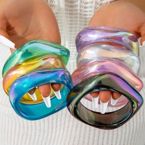 Iridescent holographic resin wide bracelets with geometric irregular laser finish