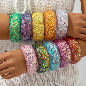 Resin Bangle Bracelet Colorful Transparent Holographic Glitter Sequin Wide Wristband Jewelry For Women Dopamine Style
