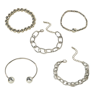 5-piece silver chunky chain and beaded bracelet set in punk geometric style