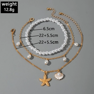 Detalle de la tobillera de concha y estrella de mar con medidas y detalles de peso