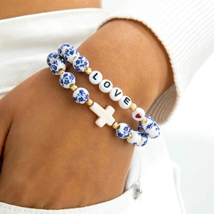 Elegant Chinese porcelain beads bracelet set with cross and LOVE letter charms
