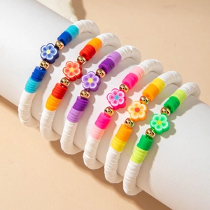 Bohemian 6-piece flower charm bracelet set with colorful clay beads and gold spacers