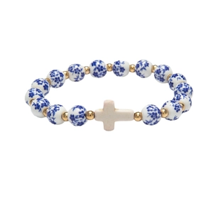 Elegant Chinese blue and white porcelain beaded bracelet with gold spacers and cross charm