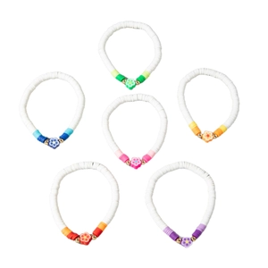 Set of 6 bohemian polymer clay flower bracelets in vibrant macaron colors with gold beads