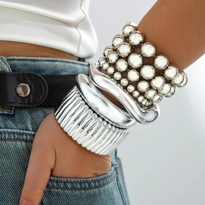 Punk Ins Style Silver CCB Beaded Bracelet Set Chunky Oversized Geometric Bangle For Women Unisex Fashion Jewelry Multi Layer