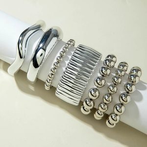 Set of 6 silver punk style beaded bracelets and metallic bangles for stylish stacking