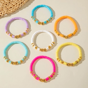 7-piece set of Bohemian colorful Heishi clay bead elastic bracelets with gold accents