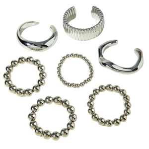 Punk style silver beaded bracelet and irregular metal cuff bangles set for women