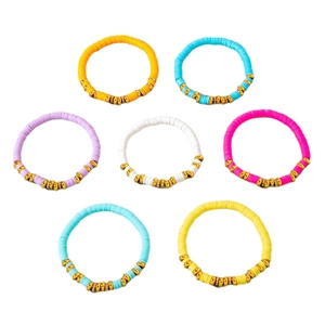 7-piece bohemian colorful heishi clay bead bracelet set with golden accent spacers