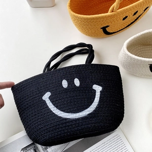 Cute cotton rope woven tote bag with smiley face design for kids and beach use