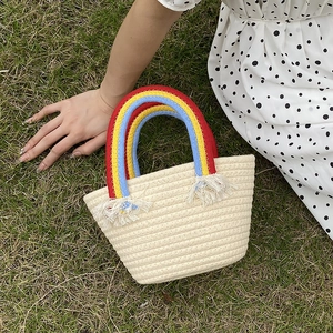 Bolso de Mano Tejido de Cuerda de Algodón Hecho a Mano Con Asa de Arcoíris Borla Bolso de Cubo para Playa Verano Mujer Niños