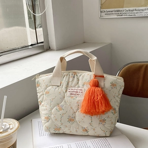 Sac À Main Matelassé À Fleurs Coton Isotherme Sac À Déjeuner Avec Gland Fourre-Tout Portable Pour Femmes Mode