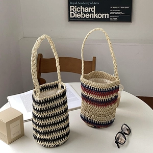 Straw Woven Bucket Bag Striped Bohemian Vacation Style Drawstring Casual Shoulder Handbag For Women