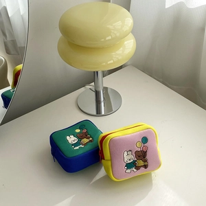 Detailed embroidery of cute rabbit and bear on canvas mini organizer storage pouches