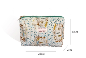 Quilted cotton storage bag featuring cartoon print and size markings 25x18x7cm