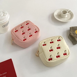Sac Cosmétique En Coton À Broderie Cerise Pochette De Rangement Bijoux Portable Organisateur De Toilette Carré Pour Femmes