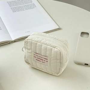 Quilted Cotton Mini Cosmetic Bag Portable Lipstick Pouch Square Makeup Organizer Letter Label Zipper Storage Bag For Women
