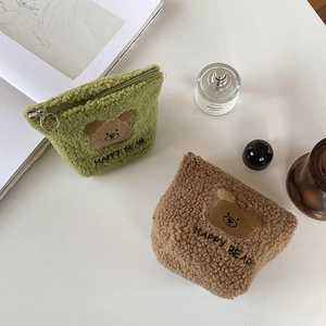 Green and brown plush teddy fleece cosmetic bags with cute bear embroidery and zipper