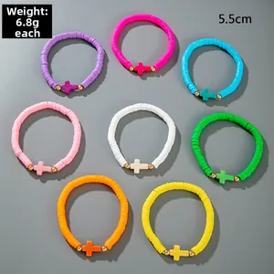 Lot de 8 bracelets de perles Heishi bohèmes colorés avec pendentifs croix et or