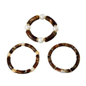 Minimalist 3-piece acrylic curved tube beaded bracelet set with tortoiseshell and pearls