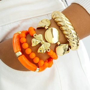Bijoux Mode Alliage Résine Bracelet Perles Orange Noeud Papillon Or Manchette Torsadée Jonc Pour Femmes Accessoire Hip Hop