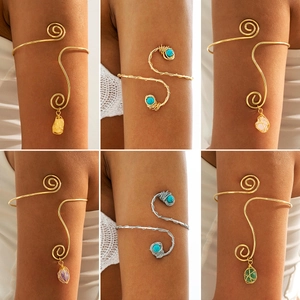 Arm Cuff Bracelet Spiral Wire Wrapped Natural Stone Pendant Bohemian Vintage Adjustable Jewelry For Women