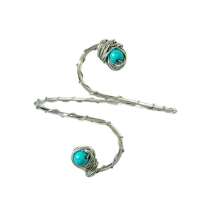 Spiral upper arm cuff with turquoise beads in silver wire wrapped bohemian style