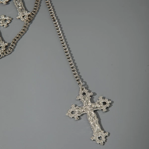 Gothic punk silver cross pendant waist chain with baroque embossed metal details