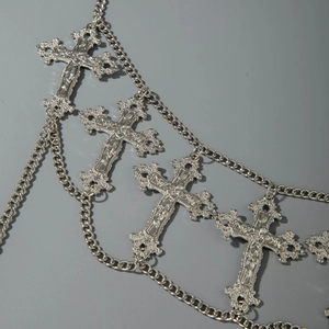 Gothic multi-layer silver metal waist chain featuring large ornate cross pendants