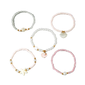 Lot de 5 bracelets en perles roses et blanches avec breloques coquillages et perles